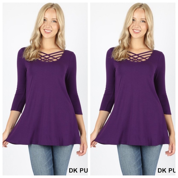 Lattice Front 3/4 Sleeve Dark Purple - Picture 1 of 2
